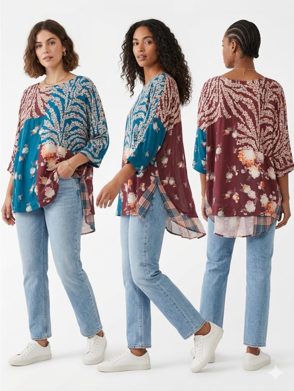 Ivy Jane Boho Festival Patchwork Tunic Top in Teal and Burgundy - S/M